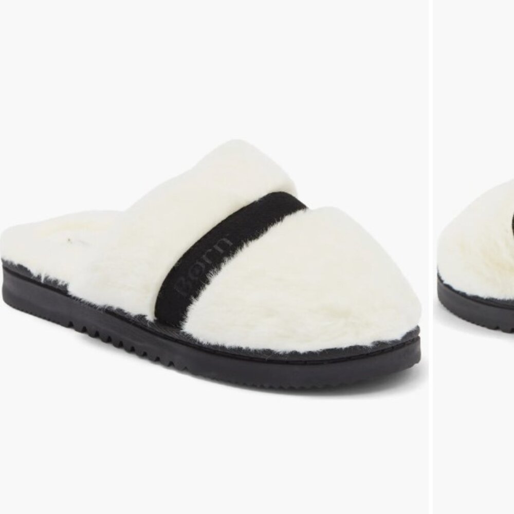 BORN, slippers with faux fur, white/black. Small, NWT